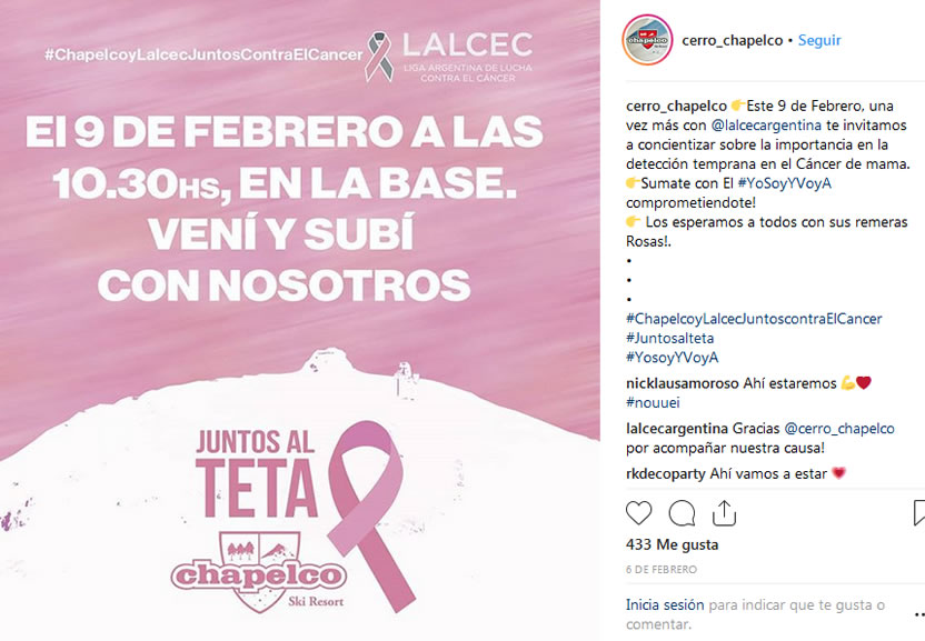 Chapelco Ski Resort y LALCEC concientiza sobre el cáncer de mama con #JuntosAlTeta 