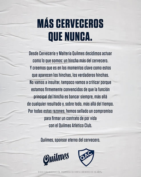 Cerveza Quilmes será sponsor del Quilmes Atlético Club de por vida